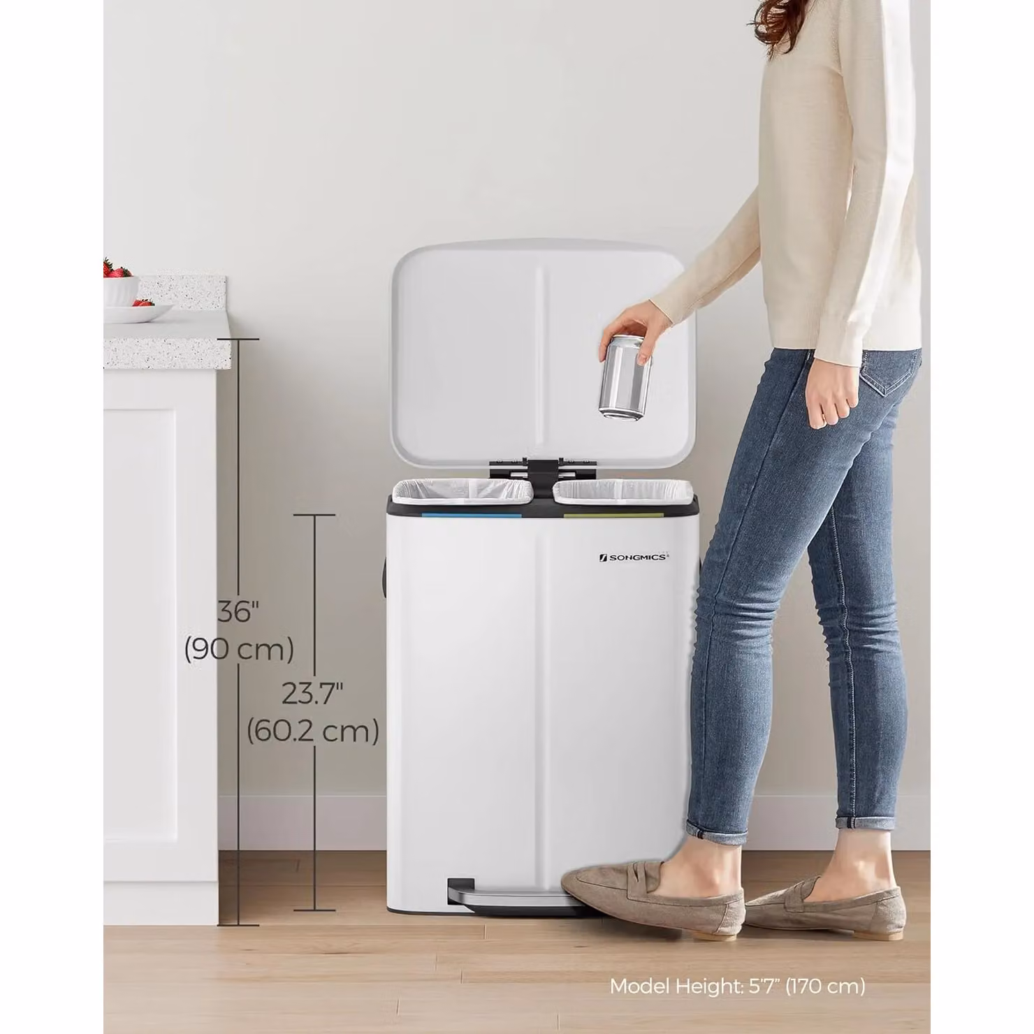 SONGMICS Dual Compartment Metal Pedal Kitchen Bin with Soft Close and Removable Inner Buckets, White – 2