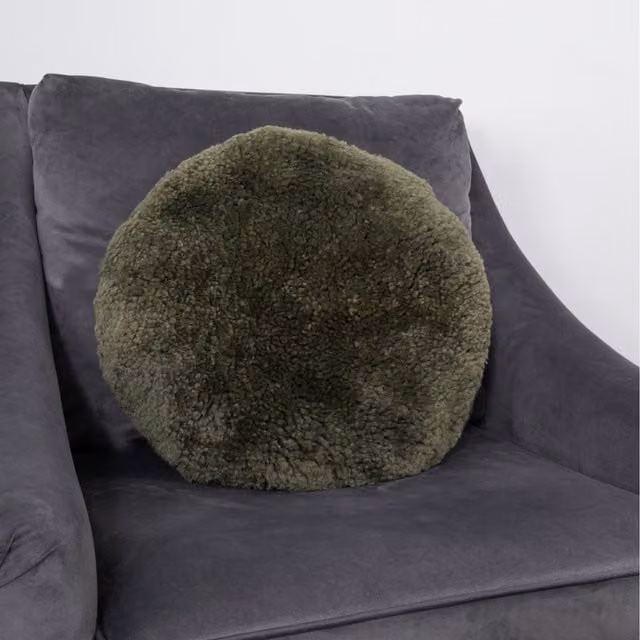 Native Natural Round Short Pile Lambskin Cushion in Beige and Green