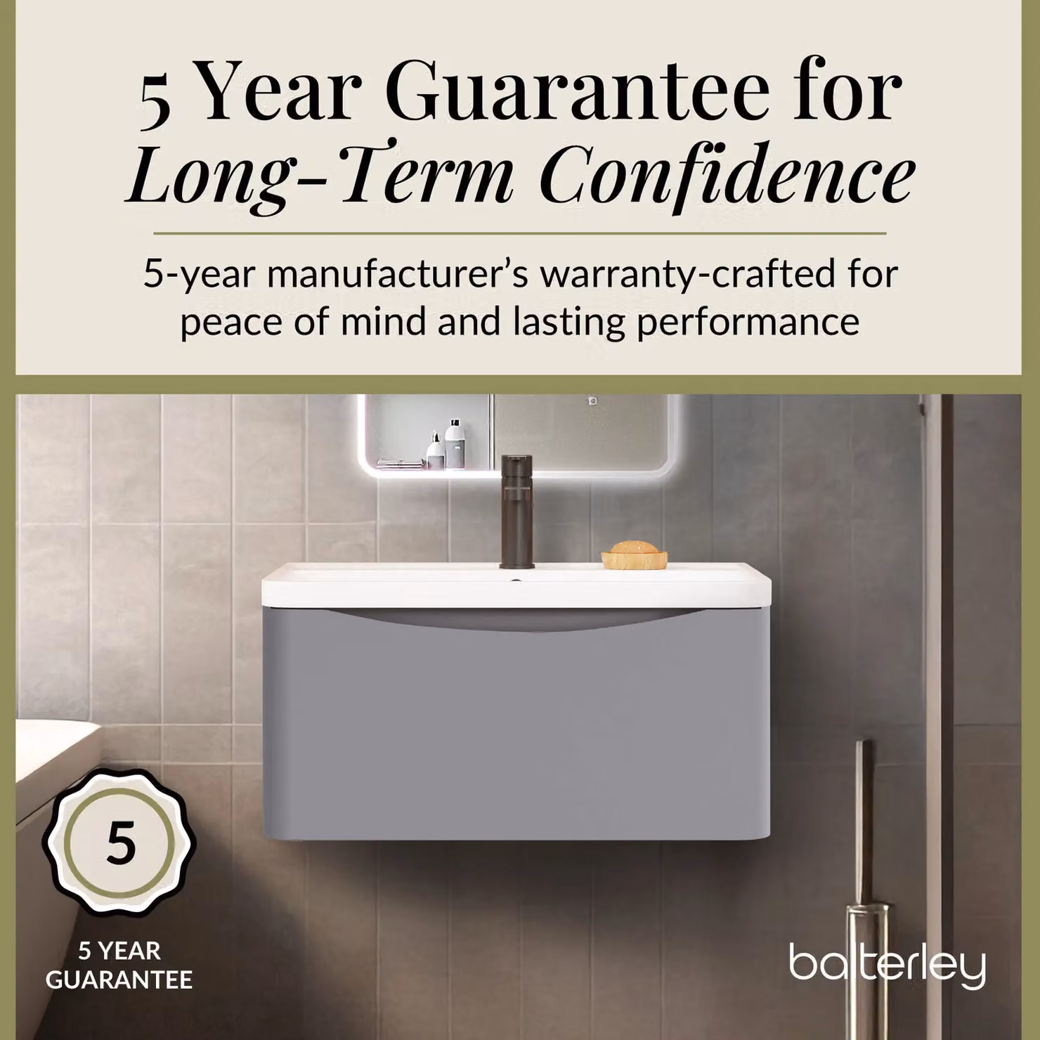 Balterley Wall Hung 1 Drawer Bathroom Vanity Unit and Basin, Satin Grey, Width: 75.5 cm – 2