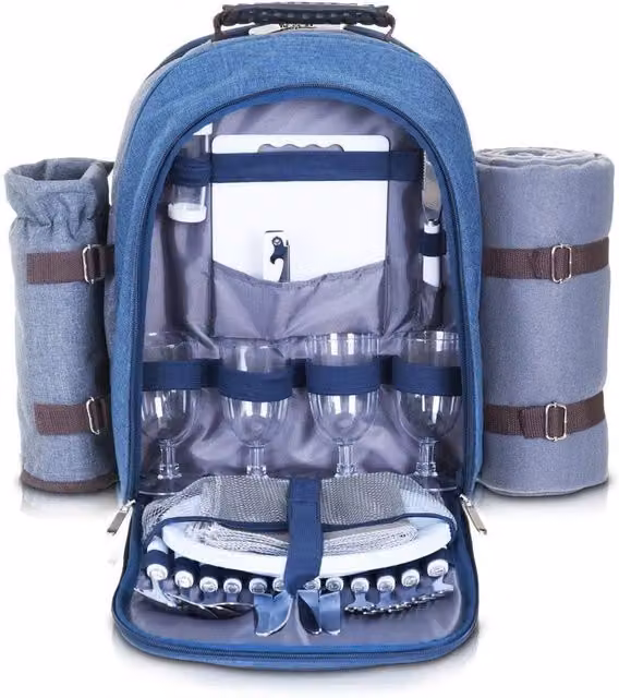 Kelvenix Picnic Backpack Set for 4 People in Blue with Stainless Steel Accessories – 1