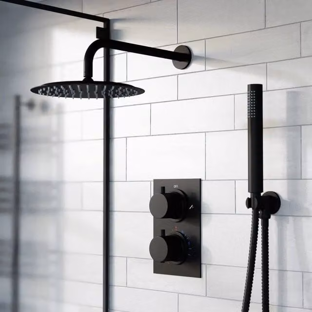 FLAVORA Round Concealed Thermostatic Shower Set with 2 Handles in Matt Black, W: 52 cm