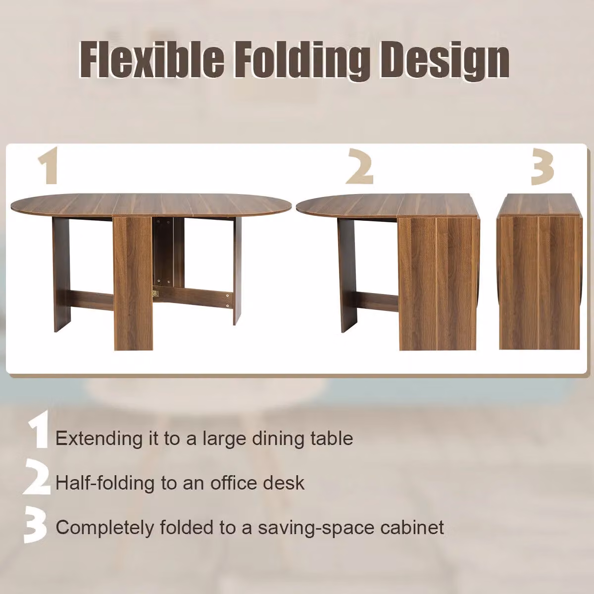 Costway 3-in-1 Folding Drop Leaf Dining Coffee Table and Writing Desk in Brown – 3