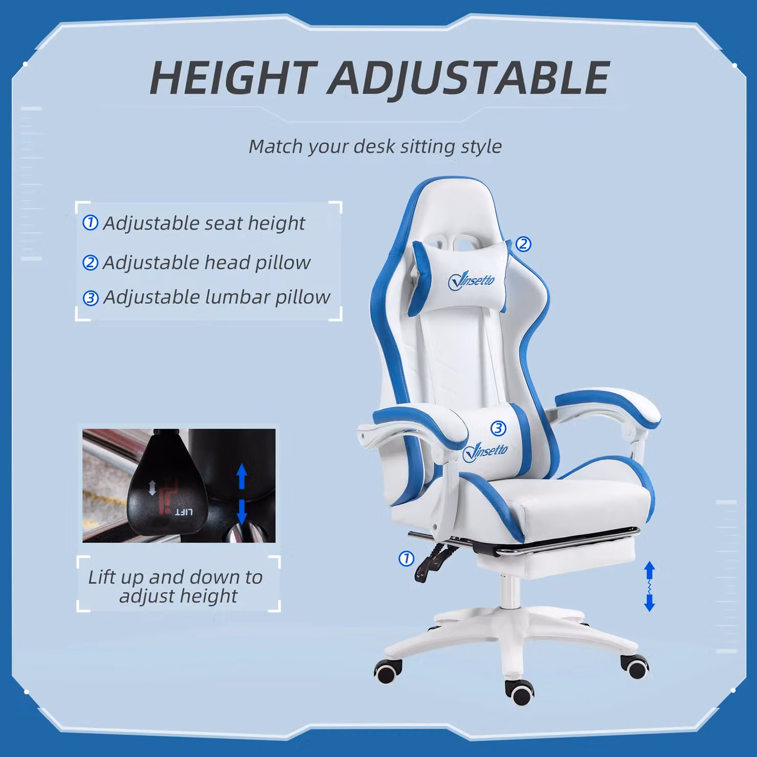 VINSETTO Racing Style Gaming Chair with Reclining Function and Footrest in White Synthetic Leather – 3