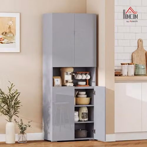 HOMCOM Grey High Gloss Kitchen Pantry Cupboard with Soft Close Doors, H 180 x W 34 x D 42 cm – 2