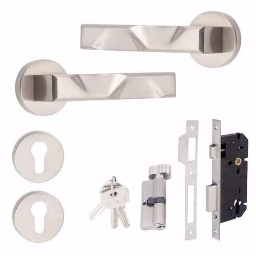 Golden Grace Nova Euro Door Handles, Satin Nickel Thumbturn Lock Set in Silver – 1