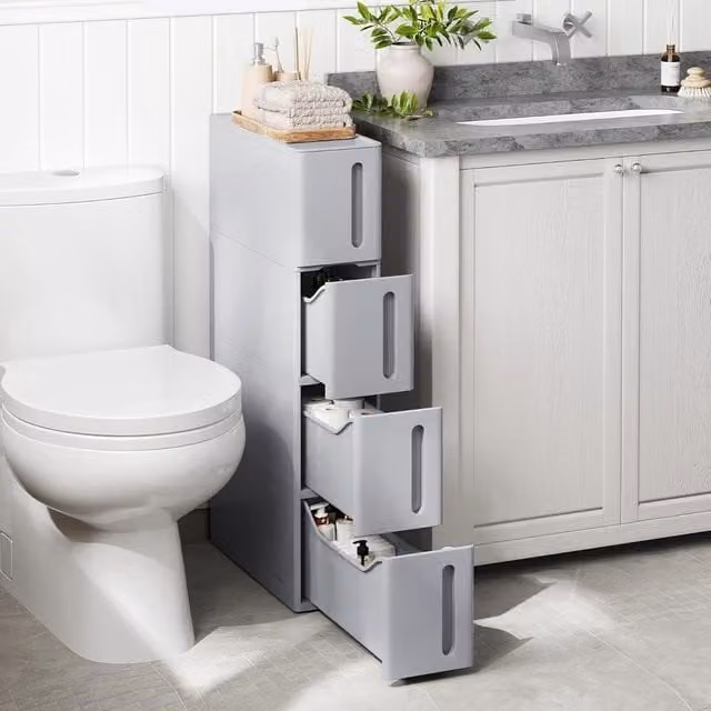 SONGMICS Slim Storage Tower on Wheels with 4 Tier Plastic Shelves in Grey – 1
