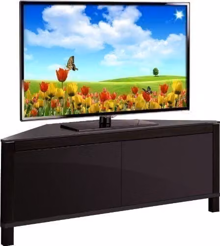 MDA Designs Volans Tru-Corner Reversible 2-Door TV Corner Cabinet in Walnut and Black with Glass Doors – 1