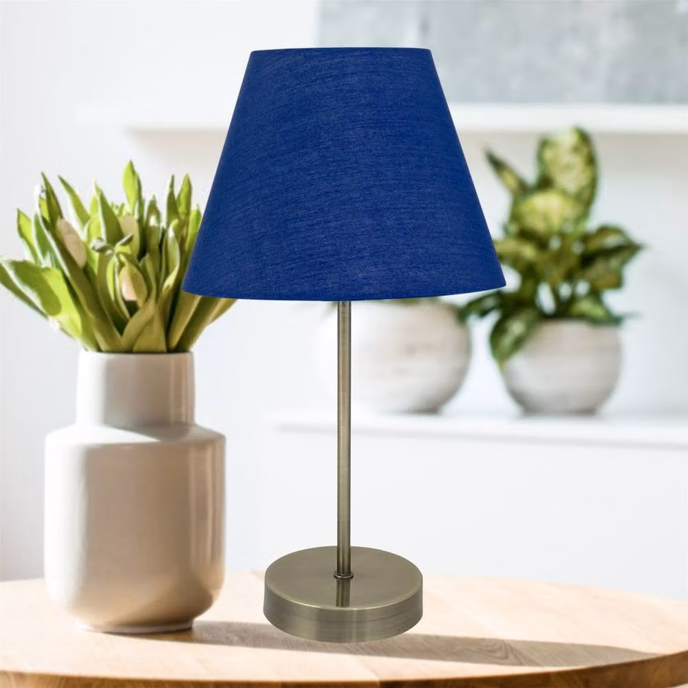 First Choice Lighting Set of 2 Antique Brass Stick Table Lamps with Blue Fabric Shades – 3