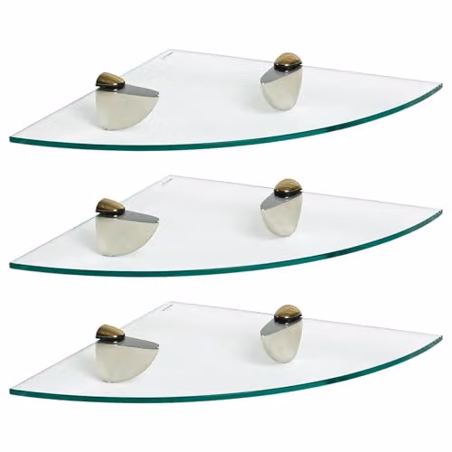 Harbour Housewares Set of 3 Floating Glass Corner Shelves in Gold and Transparent, Wall-Mounted Bathroom Storage Organiser, 30 x 30 cm