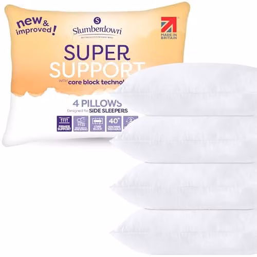 Slumberdown 4 Pack Super Support Firm Hollow Fibre Pillows in White for Side Sleepers