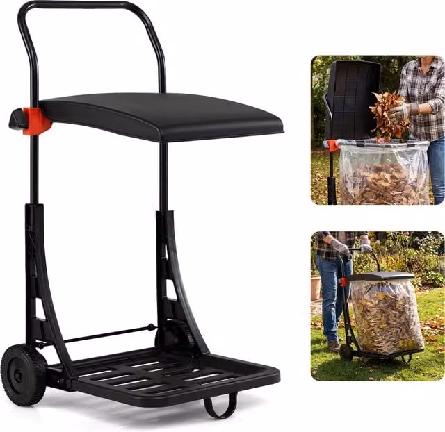 COSTWAY Portable Pedal Garden Trash Bin Cart in Black Metal and Plastic