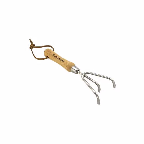 Kent & Stowe Stainless Steel and Wood 3-Prong Hand Cultivator in Beige and Silver