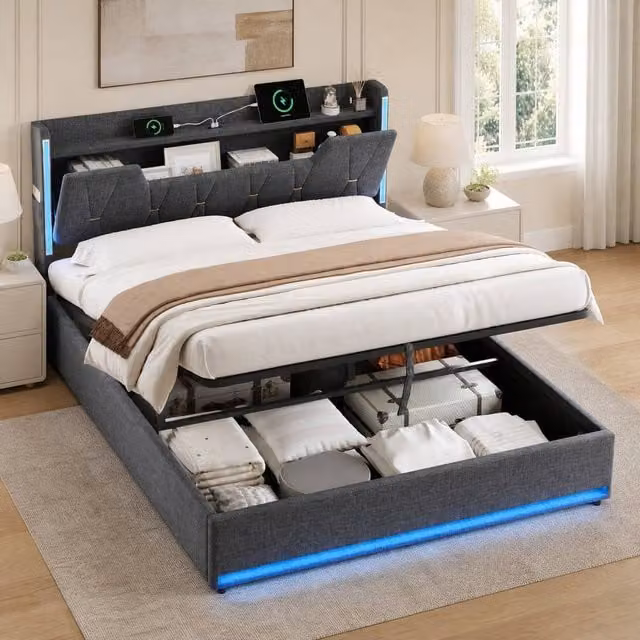 STILVORA King Size Upholstered Bed Frame in Grey with Hydraulic Storage, LED Under-Bed Lighting and USB Charging Ports, W/D/H: 180 x 200 x 30 cm – 1
