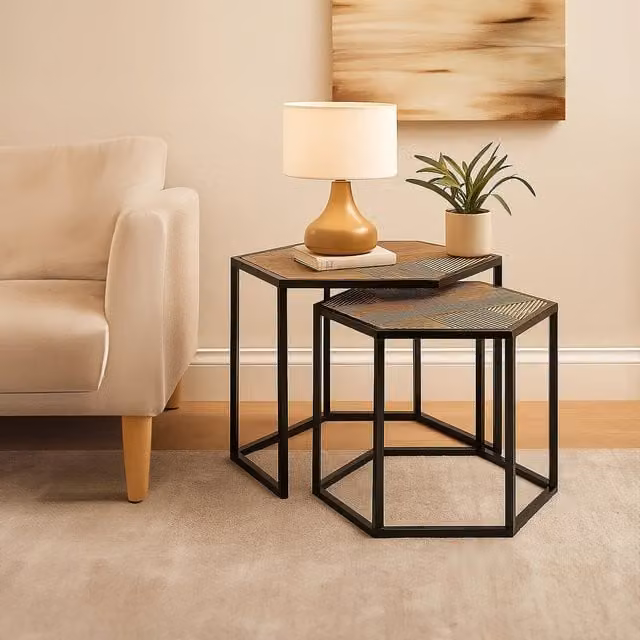 Fifty Five South Babita Set of 2 Black Hexagon Side Tables with Rattan and Bamboo Details