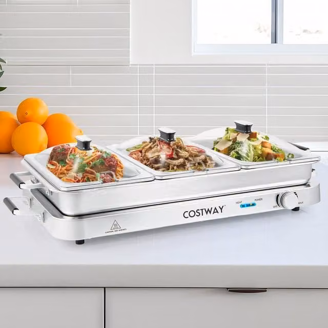 COSTWAY Portable Electric Buffet Server in Silver with Transparent Lid and Stainless Steel Components