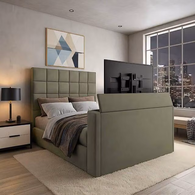 Paradise Beds Ltd Royal Upholstered Dream Sleep TV Bed with Ottoman Lift Storage in Green, W/D/H: 120 x 200 cm