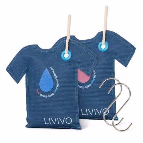 LIVIVO T-Shirt Shaped Reusable Hanging Dehumidifier Bags, 200g, Set of 2, Blue – 1