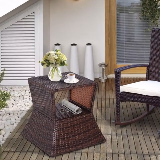 OUTSUNNY Brown Rattan Side Table with Umbrella Hole for Outdoor Garden and Patio
