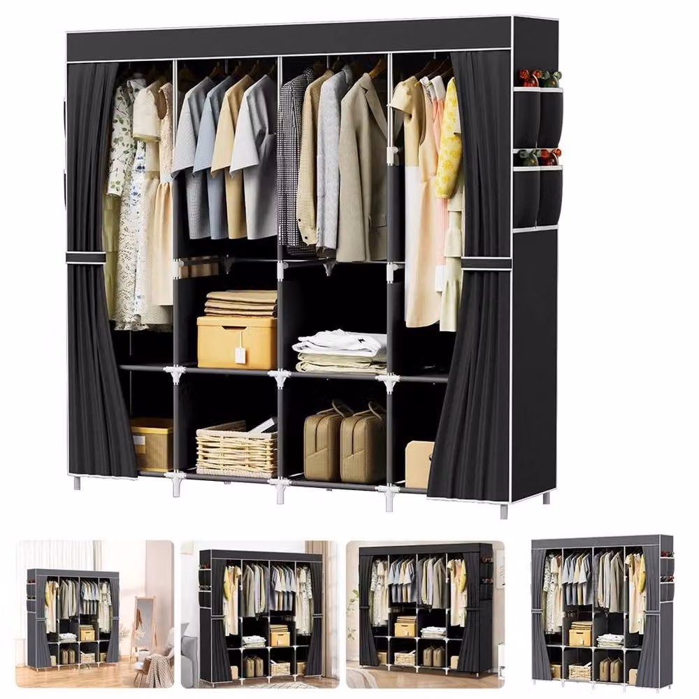 Kelvenix Modern Black Freestanding Wardrobe with Hanging Rod and Internal Shelves, H 170 x W 45 x D 45 cm – 4