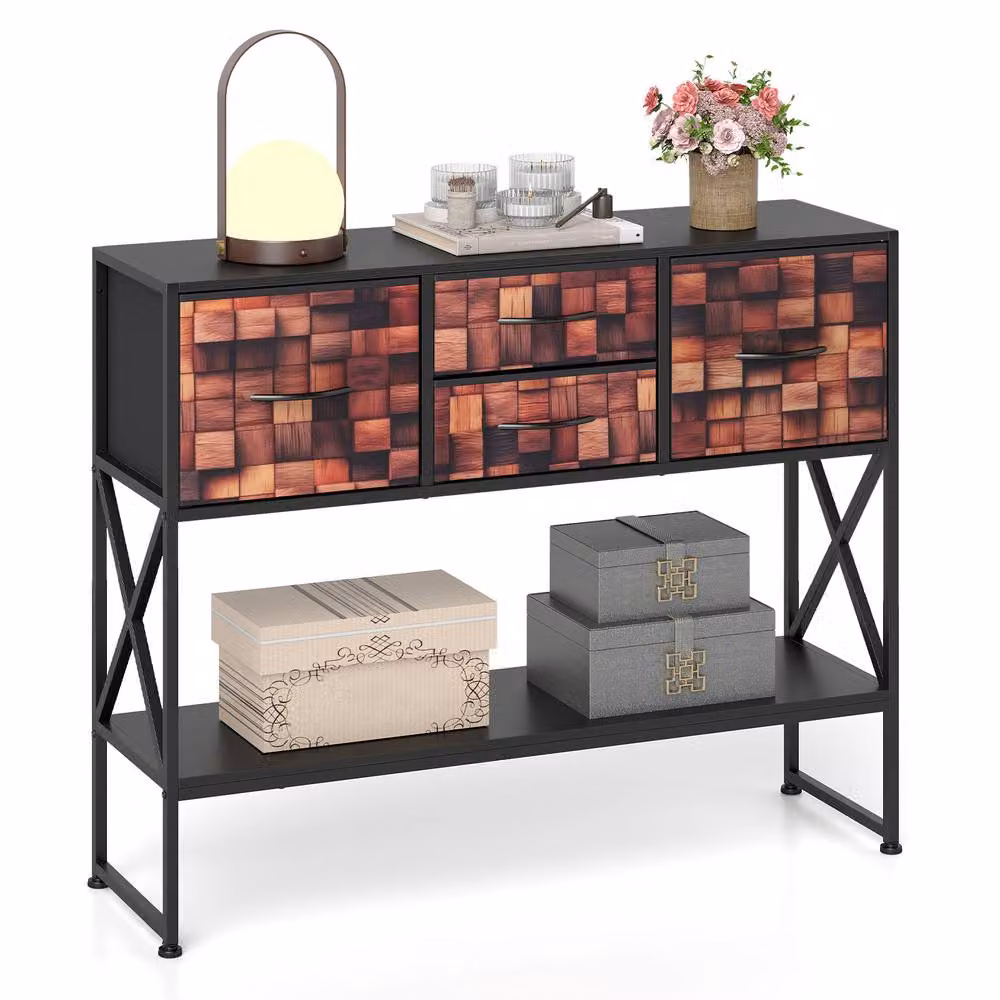 Costway Modern Geometric Console Table with 4 Fabric Drawers and Shelf in Black and Multicolour – 9