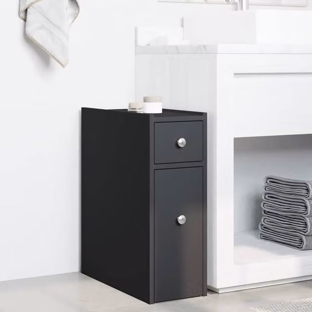 Berkfield Home Narrow Bathroom Cupboard with Wheels in Black Matt MDF, W/D/H: 21.5 x 50 x 60 cm