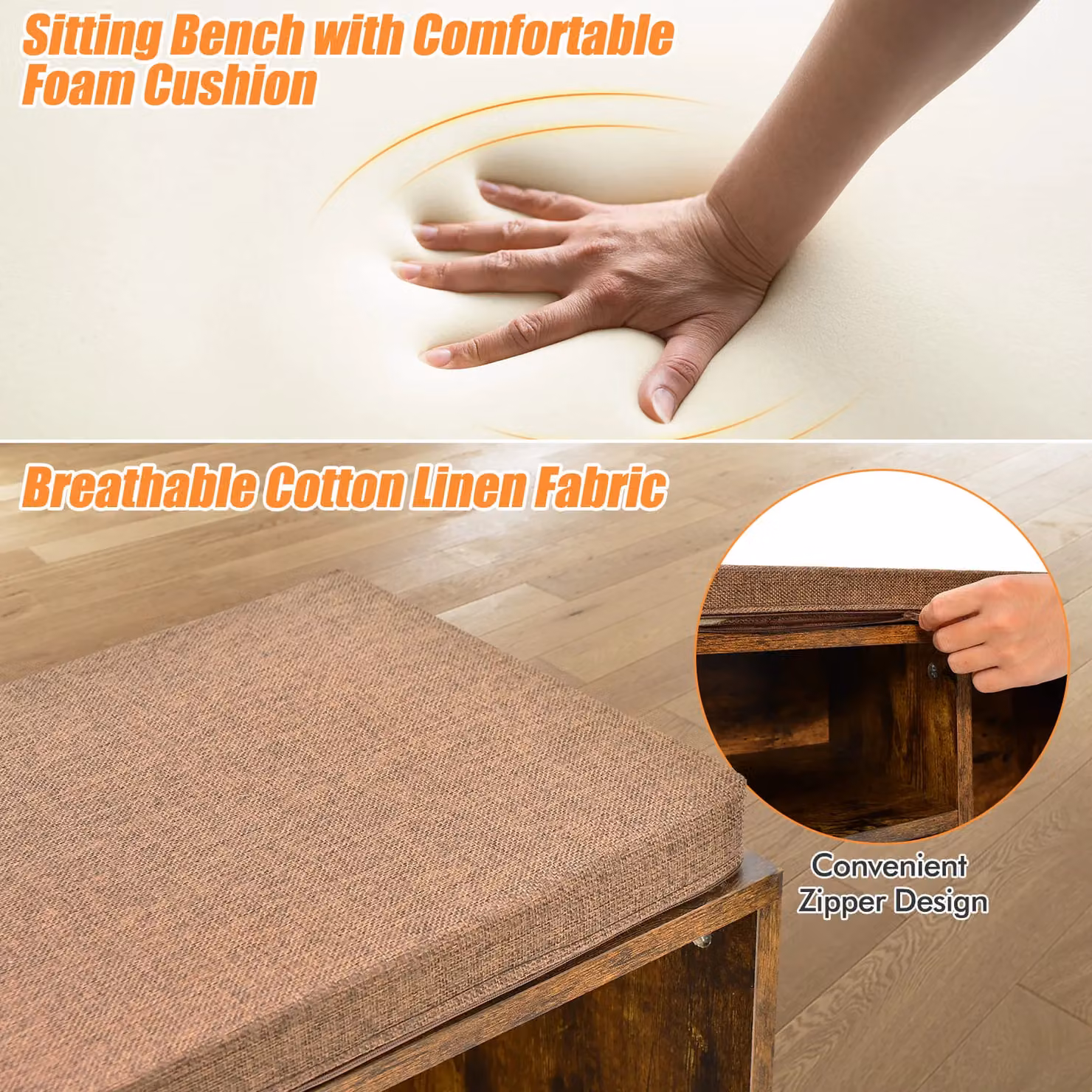 Gymax Brown Rustic Wood Shoe Bench and Entryway Storage Cabinet with Removable Fabric Cushion – 7