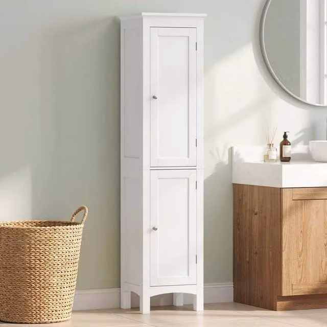 EONLION Tall White Bathroom Storage Cabinet with Adjustable Internal Shelves and Hinged Doors