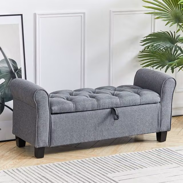 Livingandhome Button Tufted Linen Storage Ottoman with Rolled Arms in Grey