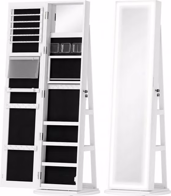 HOMCOM White 360 Swivel Mirror Jewellery Cabinet with 3-Colour LED Lights and Lockable Storage – 1