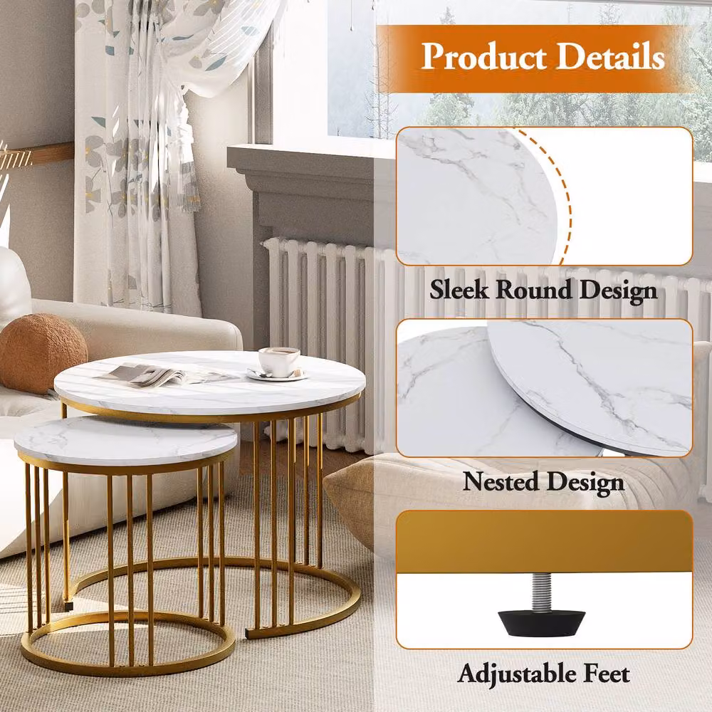 Huhote Set of 2 Modern Round Nesting Tables with White Marble Finish Top and Black or Gold Metal Frame – 4