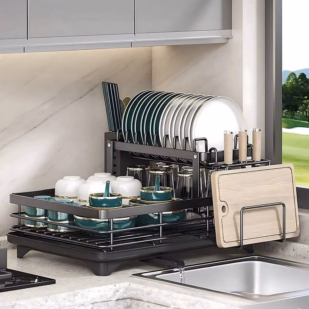 FORGEVIO 2-Tier Kitchen Sink Dish Drainer Rack in Black with Drip Tray and Cutlery Holder – 3