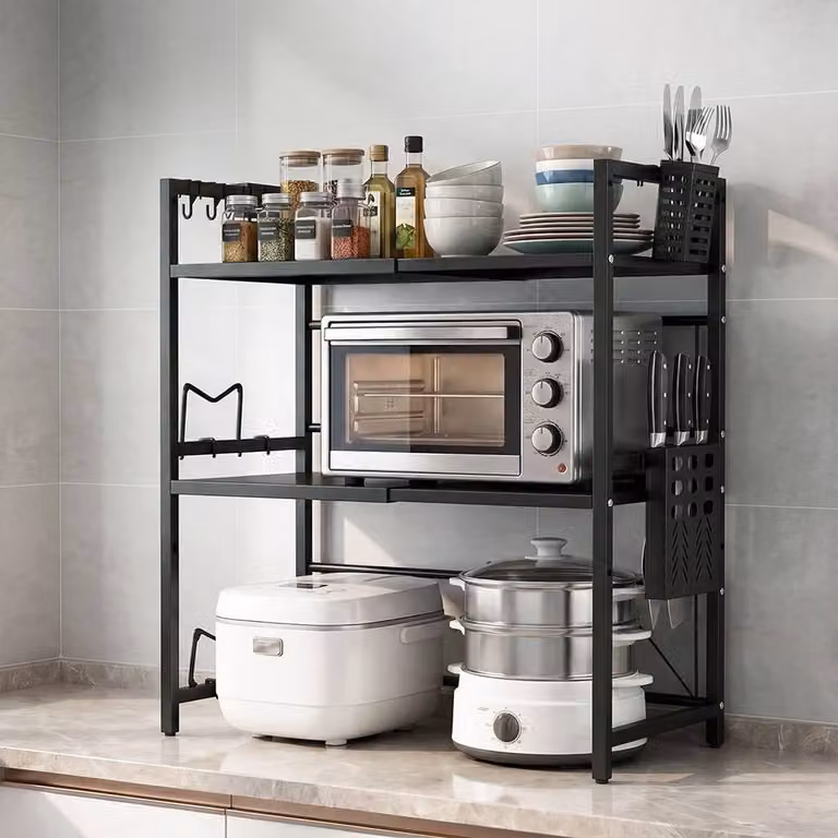 Toque 3 Tier Expandable Microwave Oven Rack Stand Kitchen Storage Shelf, Black, W: 77.0 cm, D: 38.5 cm, H: 36.0 cm