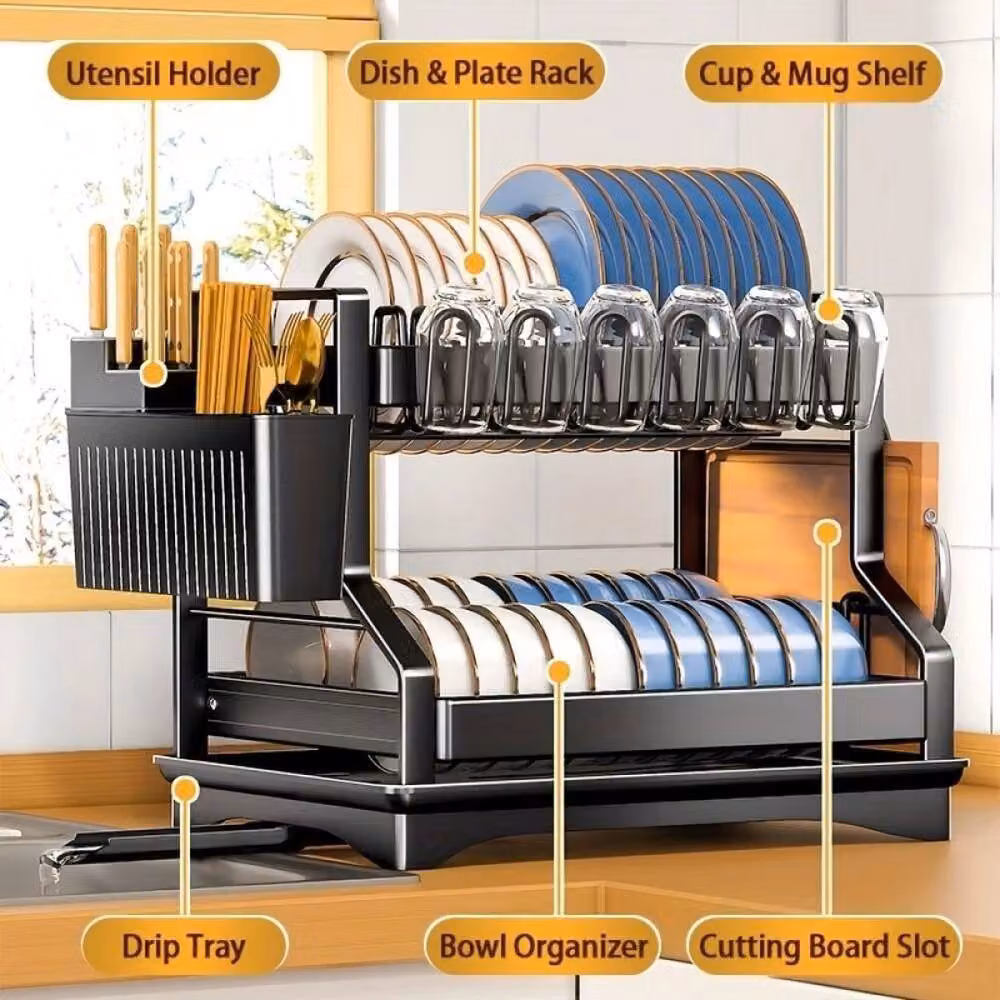 NESTLUNE Black 2 Tier Dish Drainer Rack with Cutlery Holder – 3