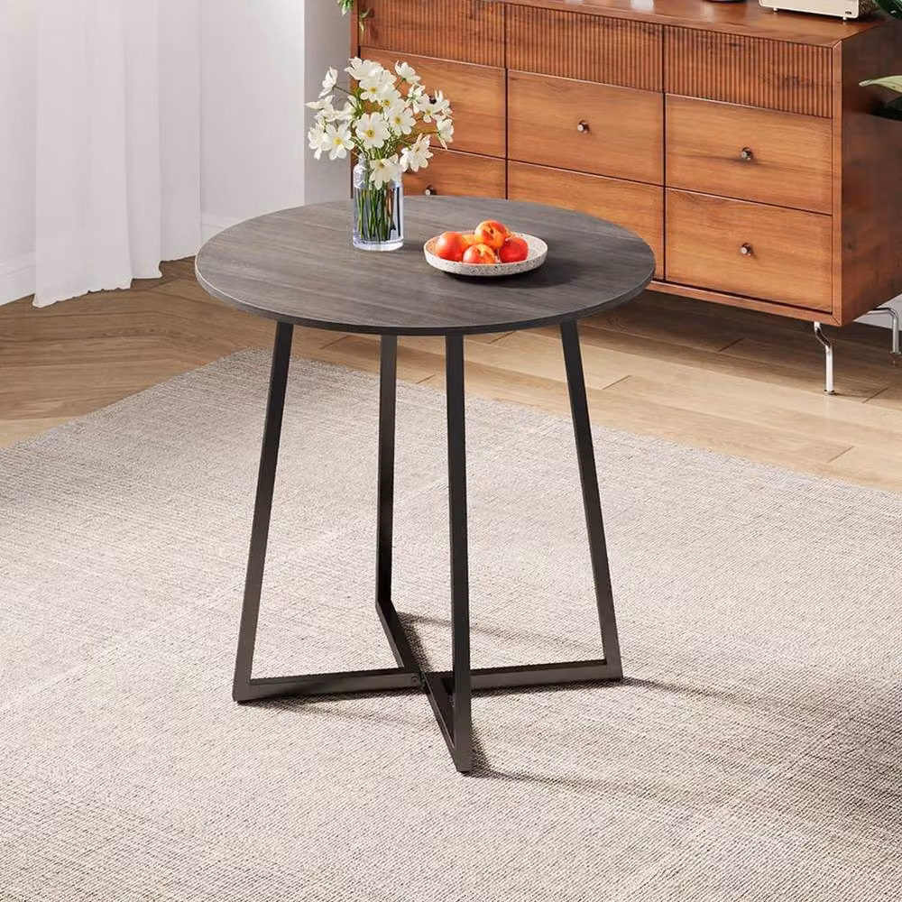 FLAVORA Grey and Brown Round Industrial Style Dining Table with Metal Legs, Diameter: 80 cm – 3
