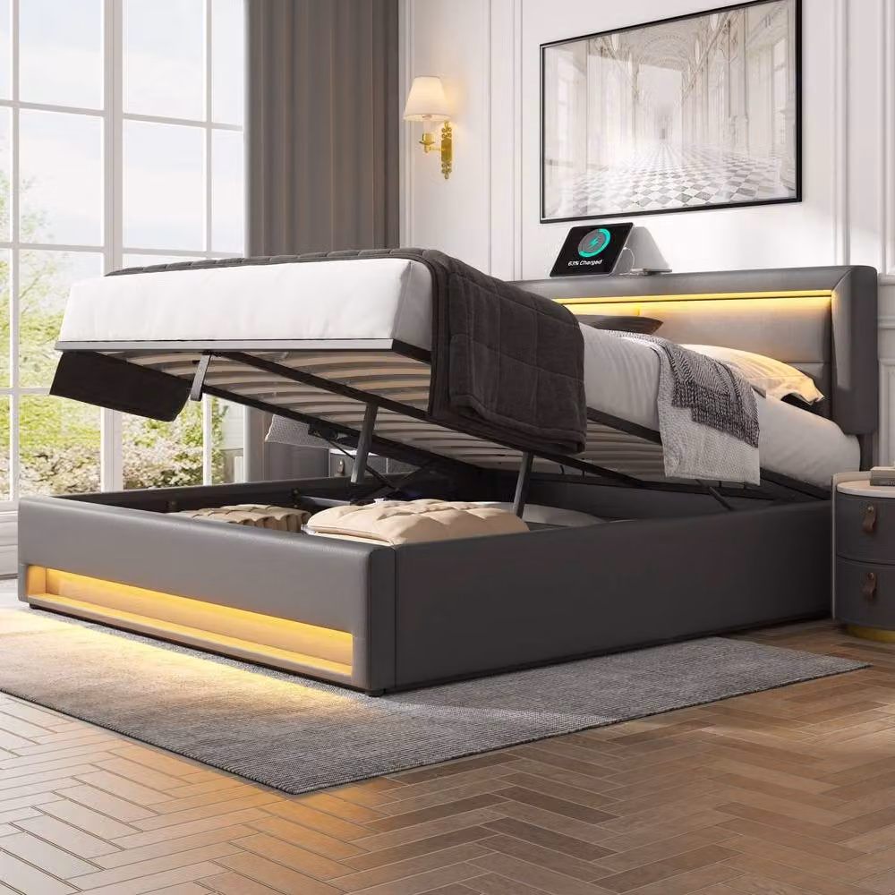Matteo Upholstered Super King Bed in Grey PU Leather with USB Charging and LED Under-Bed Lighting, W: 180 cm x D: 200 cm – 1