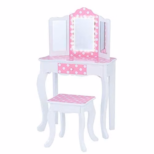 Teamson Kids Princess Gisele 2-Piece Wooden Play Vanity Set with LED-Illuminated Tri-Fold Mirror and Stool, White with Pink Polka Dot – 1