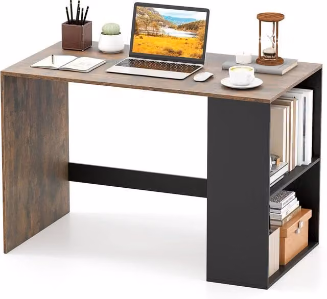 Gymax Wooden Writing Desk with Two Open Shelves and Legroom in Brown