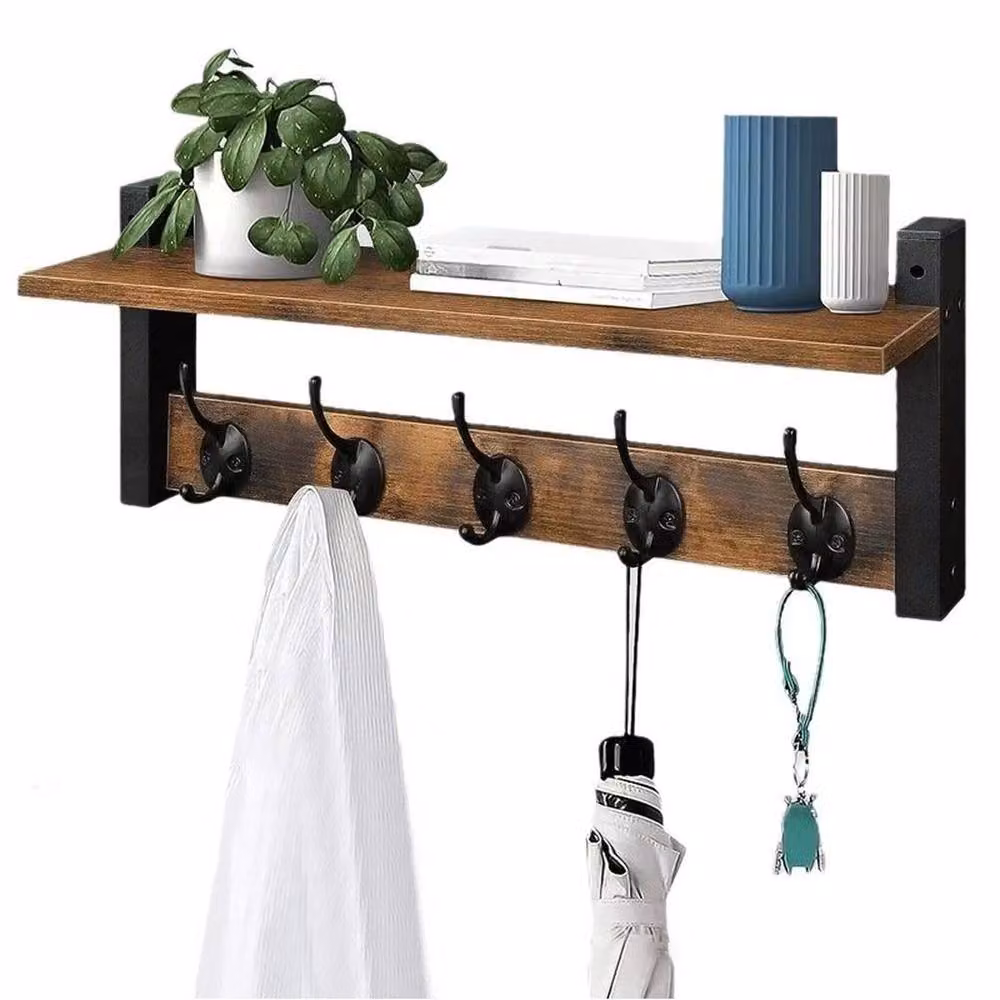 FLAVORA Industrial Dual Hook and Rail Matrix Wall Coat Rack in Brown and Black – 3