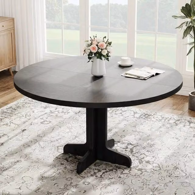 VOGREX Round Wood Dining Table in Black, Diameter: 119.38 cm, Height: 75.94 cm – 1