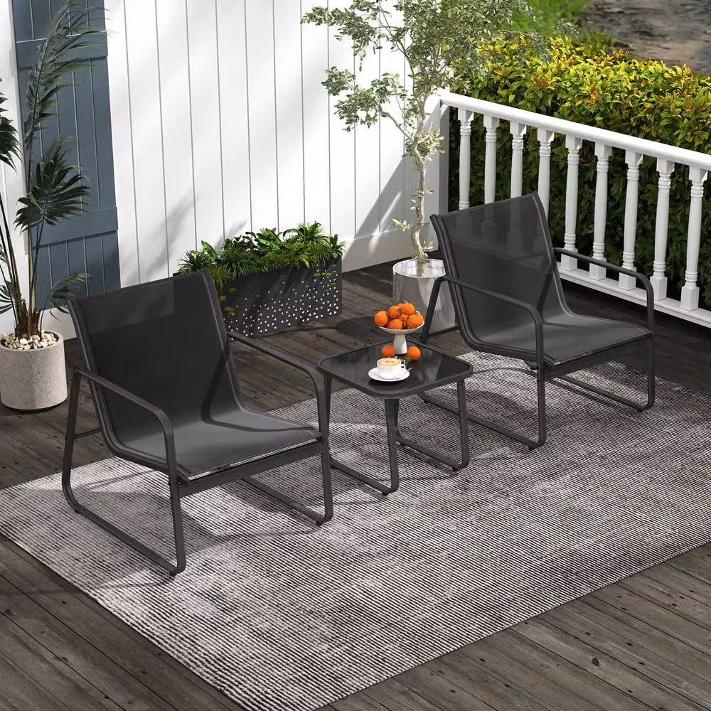 Costway 3 Piece Outdoor Bistro Patio Conversation Set with Tempered Glass Table in Black – 7