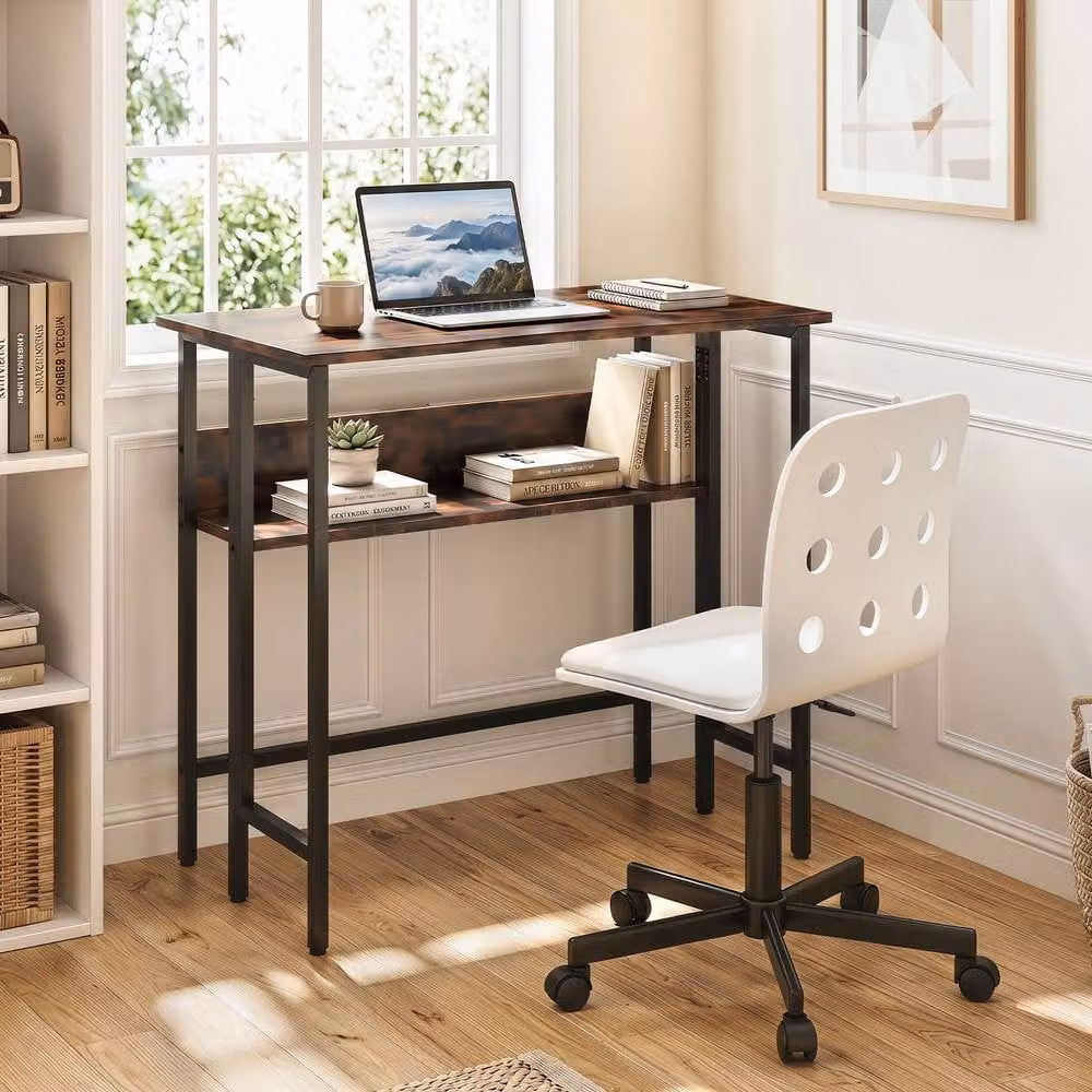 Costway Small Folding Computer Desk with Storage Shelf in Brown – 4