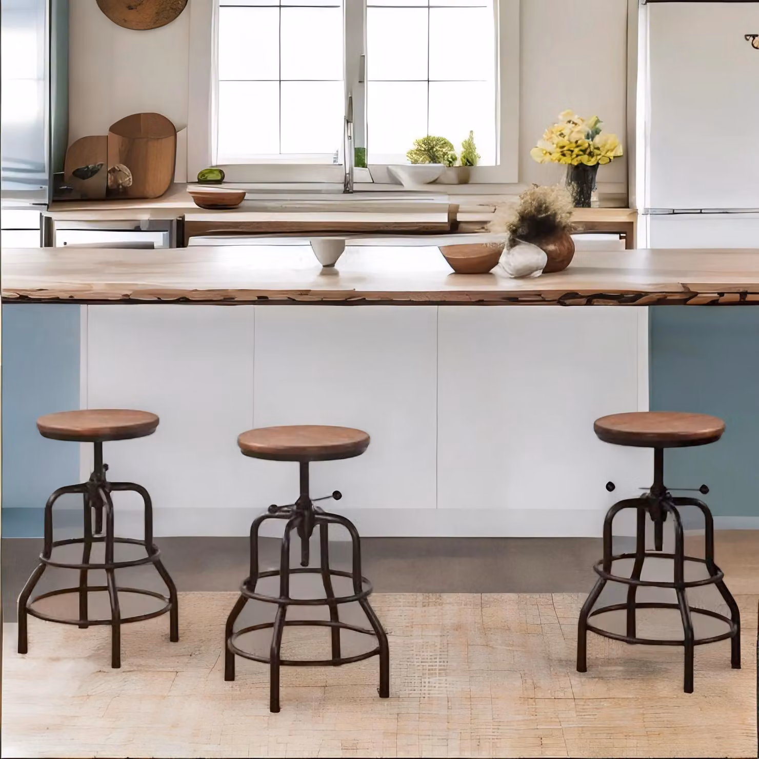 FURNOS Industrial Adjustable Height Retro Bar Stool in Brown with Wood Frame – 2