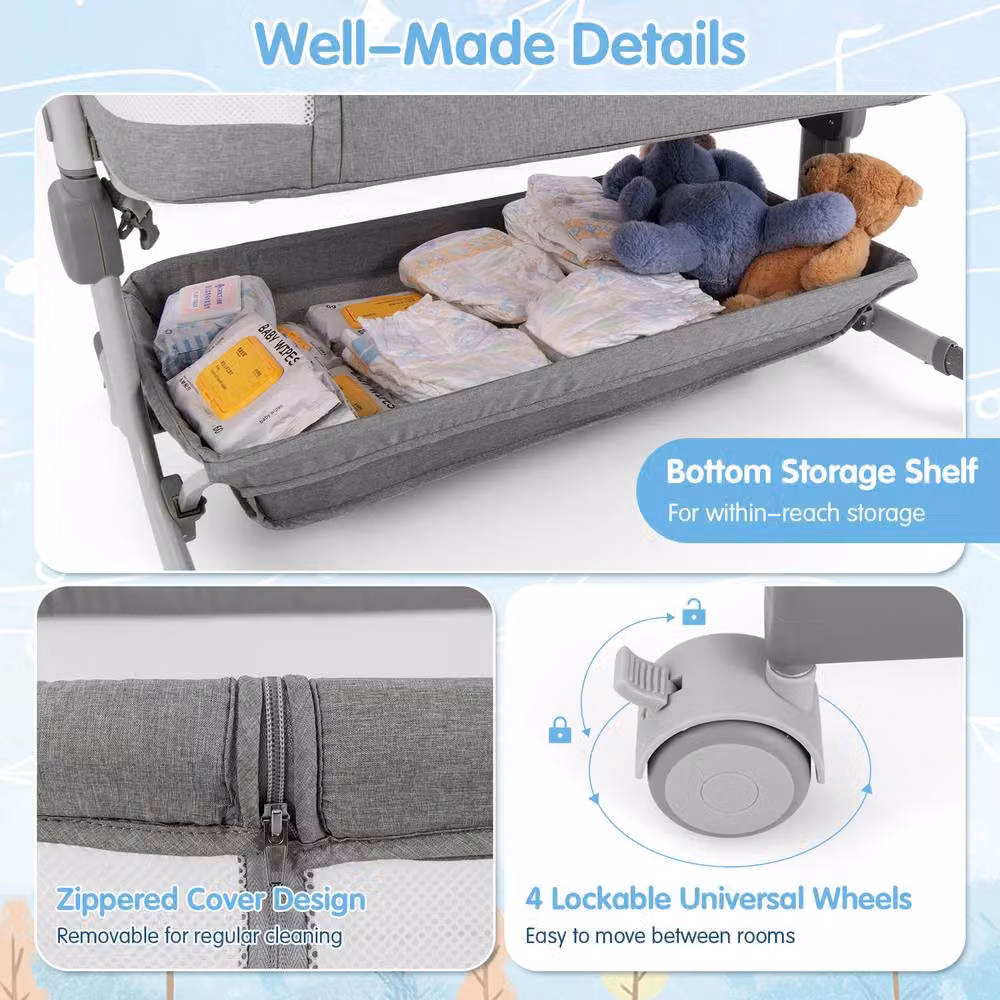 Gymax Adjustable Height Folding Bassinet and Bedside Crib for Infants in Light Grey – 3