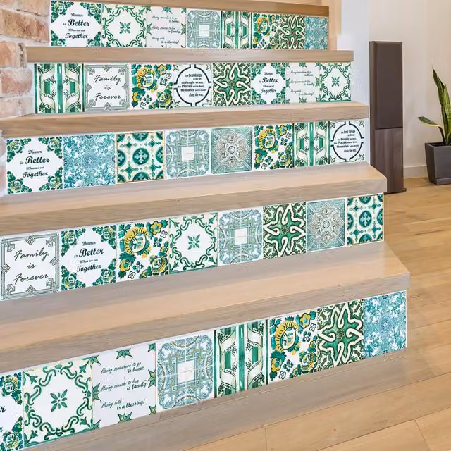 Walplus Tile Look Wall Tile Stickers in Green, White and Yellow, W: 15 cm, H: 15 cm, Pack of 24