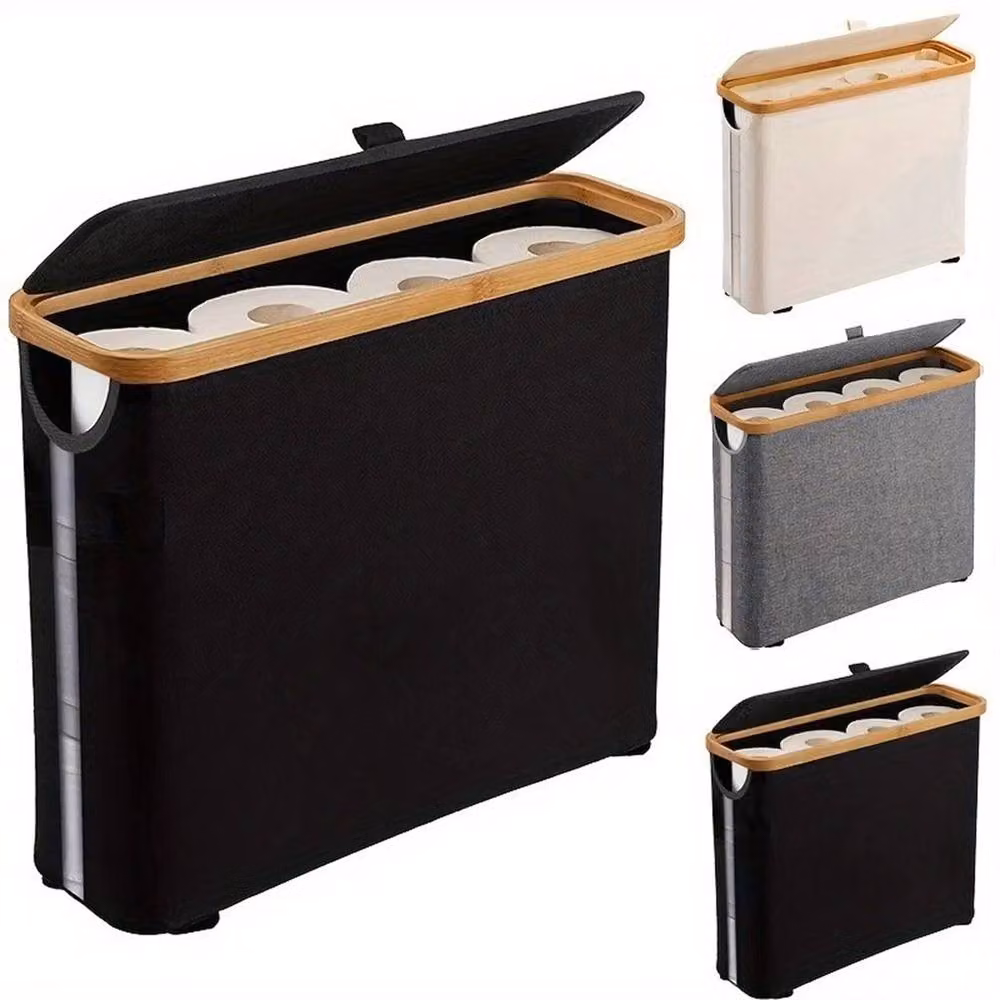 SPETLEK Waterproof Toilet Paper Storage Basket Stand with Lid, Black Bamboo and Fabric, Freestanding – 4
