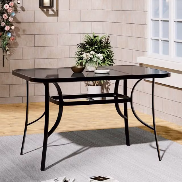 Livingandhome Black Rectangular Tempered Glass Garden Table with Parasol Hole, Width: 120 cm