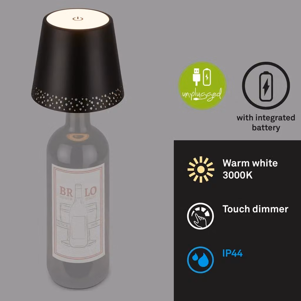Briloner Black Rechargeable LED Bottle Lamp with Touch Dimming and USB-C, IP44 Outdoor Table Lamp, W/D/H: 11 x 11 x 9 cm – 3