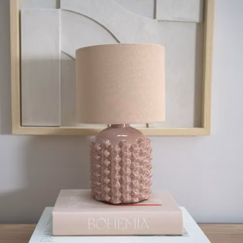 ValueLights Asha Pair of Pink Ceramic Geometric Table Lamps with Natural Fabric Cylinder Shades – 2