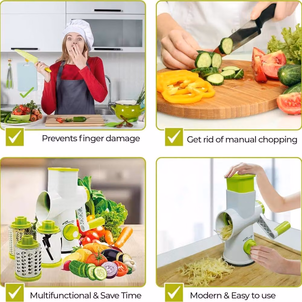 Top 3 Rotary Food Grater with 3 Stainless Steel Attachments, White and Green – 2