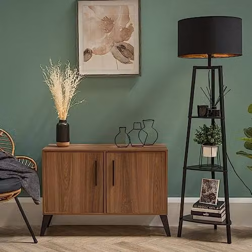 ValueLights Hiru Black 3 Tier Wooden Shelf Floor Lamp with Black and Gold Shade, H 155 x W 45 x D 45 cm – 2